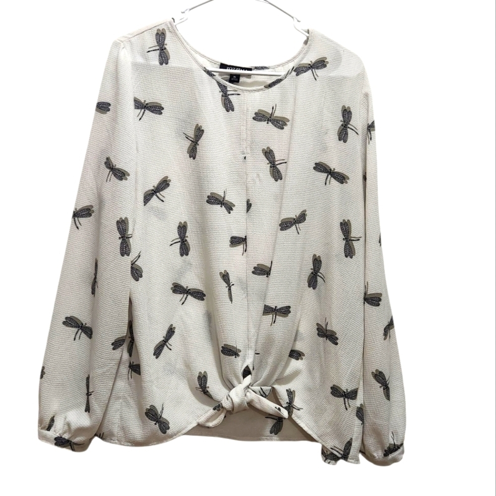 Roz & Ali Size XL White Blouse Black Dragonflies Allover Print Tie Front Keyhole